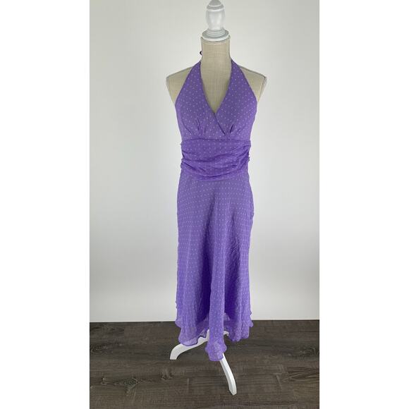 Willi Smith Halter Silk Dress Ruffled Waist Side Zip Polka Dot Purple Size 10 - Picture 1 of 11